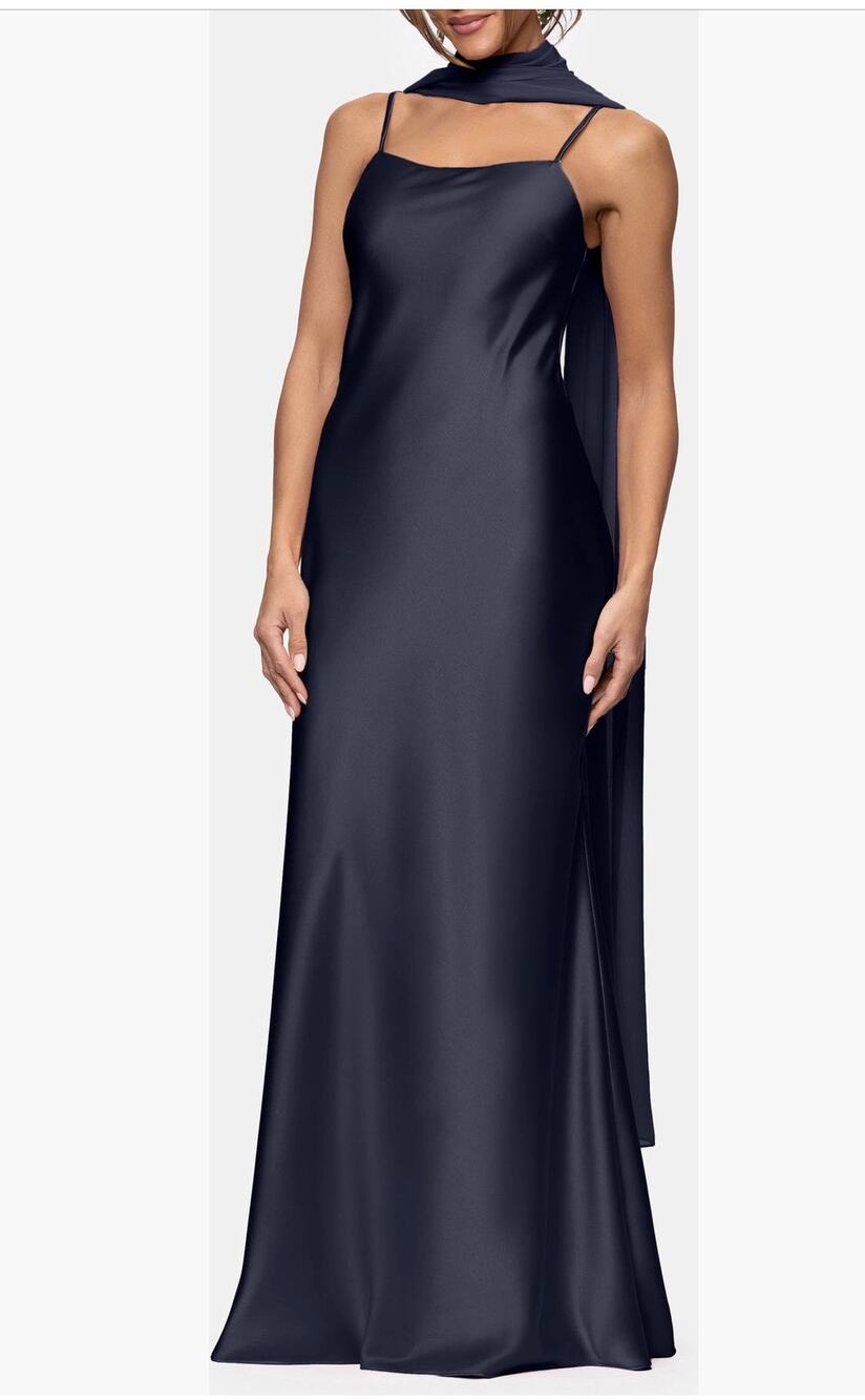Stunning Xscape Evenings Navy Satin Slip Maxi Gown, Size 8 c pics and narrative
